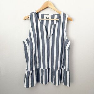 ANN TAYLOR LOFT | Gray Charcoal Off White Stripe Peplum Tank Top Split Neck | XL
